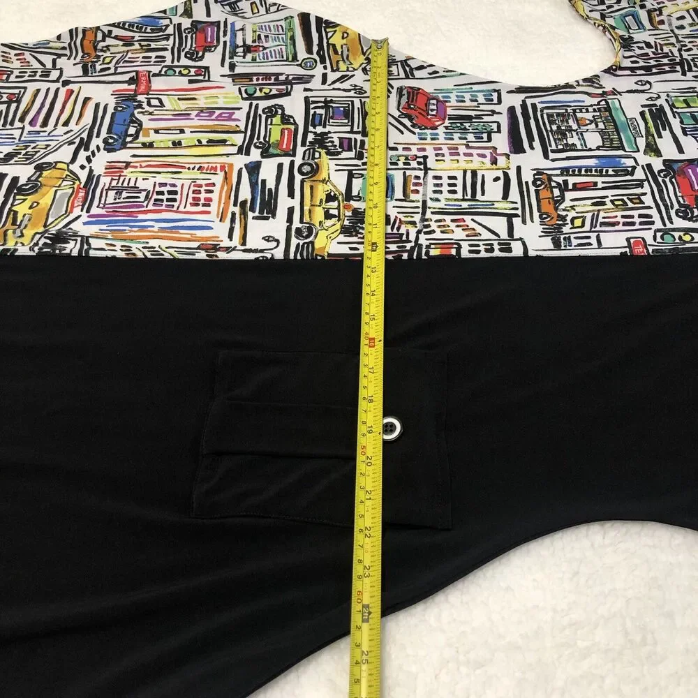 Joseph Ribkoff Dress Size 14/XL Black City Print Jersey Stretch Artsy Whimsical